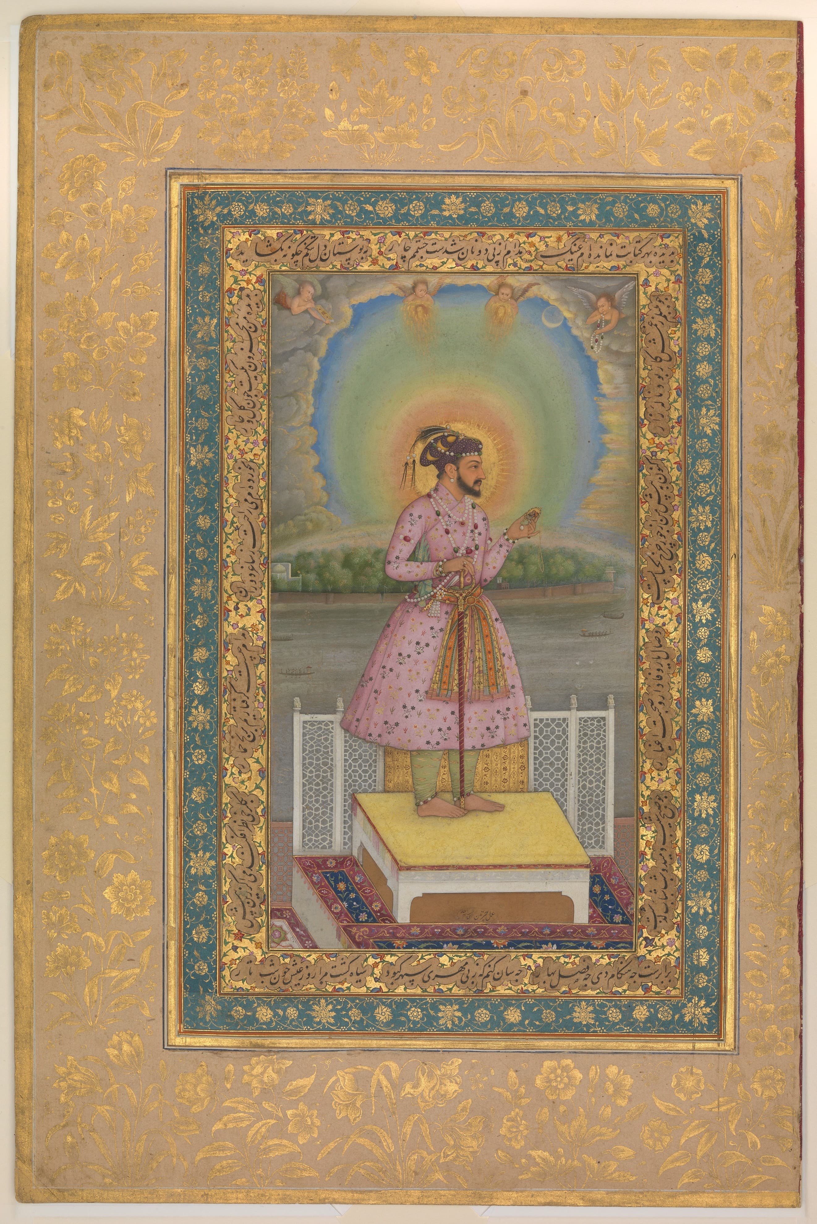 "Shah Jahan on a Terrace, Holding a Pendant Set With His Portrait", Folio from the Shah Jahan Album